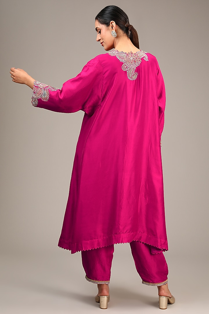 Hot Pink Pure Silk Resham & Pearl Hand Embroidered Kurta Set by Mrunalini Rao at Pernia's Pop Up Shop
