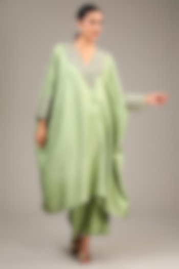 Pista Green Pure Silk Pearl & Zardosi Embroidered Kaftan Set by Mrunalini Rao at Pernia's Pop Up Shop