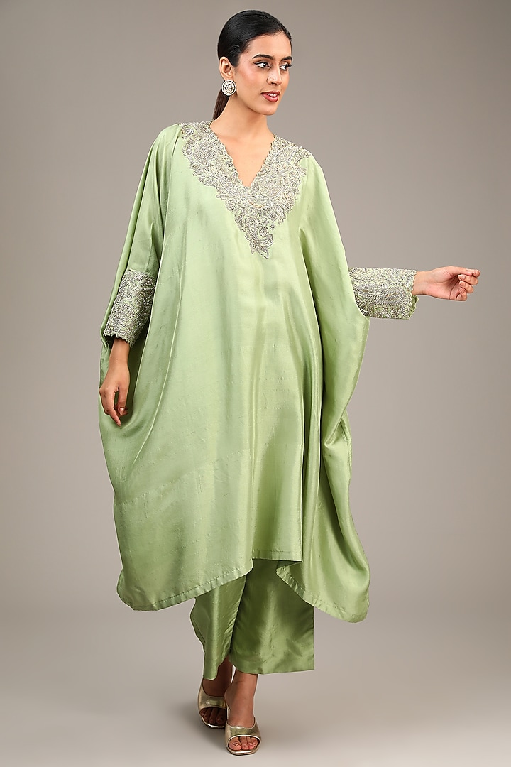 Pista Green Pure Silk Pearl & Zardosi Embroidered Kaftan Set by Mrunalini Rao at Pernia's Pop Up Shop