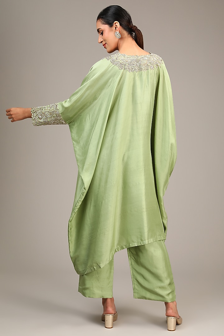 Pista Green Pure Silk Pearl & Zardosi Embroidered Kaftan Set by Mrunalini Rao at Pernia's Pop Up Shop