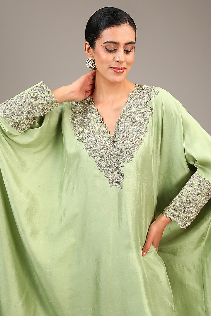 Pista Green Pure Silk Pearl & Zardosi Embroidered Kaftan Set by Mrunalini Rao at Pernia's Pop Up Shop
