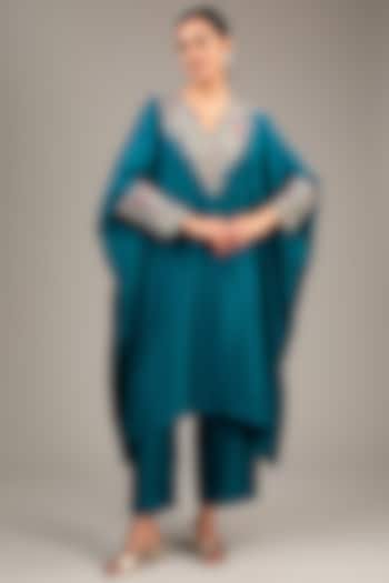 Dark Teal Pure Silk Zardosi Embroidered Kaftan Set by Mrunalini Rao at Pernia's Pop Up Shop