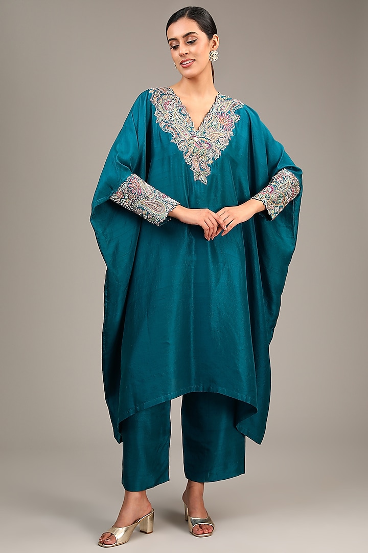 Dark Teal Pure Silk Zardosi Embroidered Kaftan Set by Mrunalini Rao at Pernia's Pop Up Shop