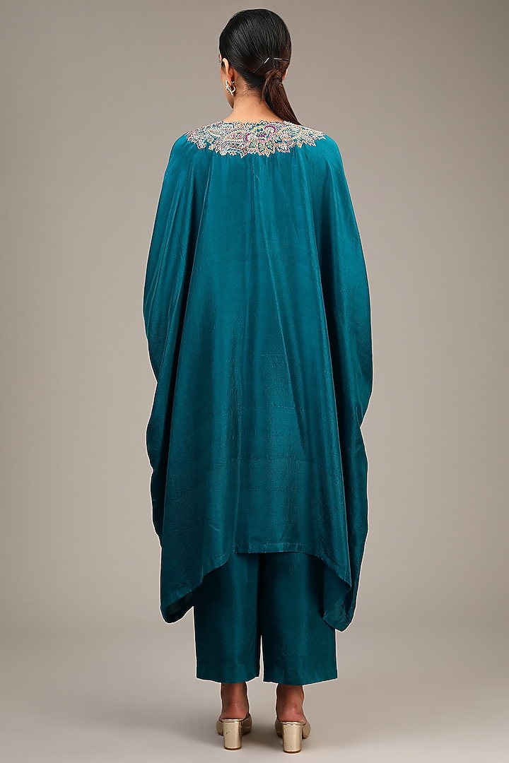 Dark Teal Pure Silk Zardosi Embroidered Kaftan Set by Mrunalini Rao at Pernia's Pop Up Shop