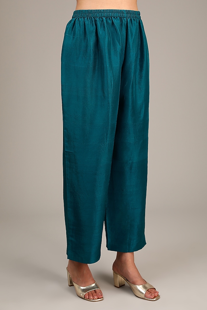 Dark Teal Pure Silk Zardosi Embroidered Kaftan Set by Mrunalini Rao at Pernia's Pop Up Shop