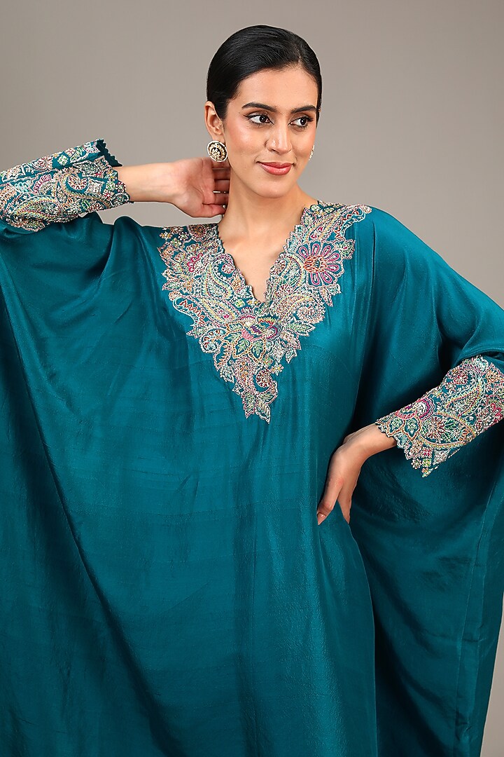Dark Teal Pure Silk Zardosi Embroidered Kaftan Set by Mrunalini Rao at Pernia's Pop Up Shop