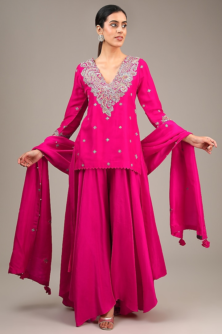Hot Pink Pure Silk Resham & Pearl Embroidered Kurta Set by Mrunalini Rao at Pernia's Pop Up Shop