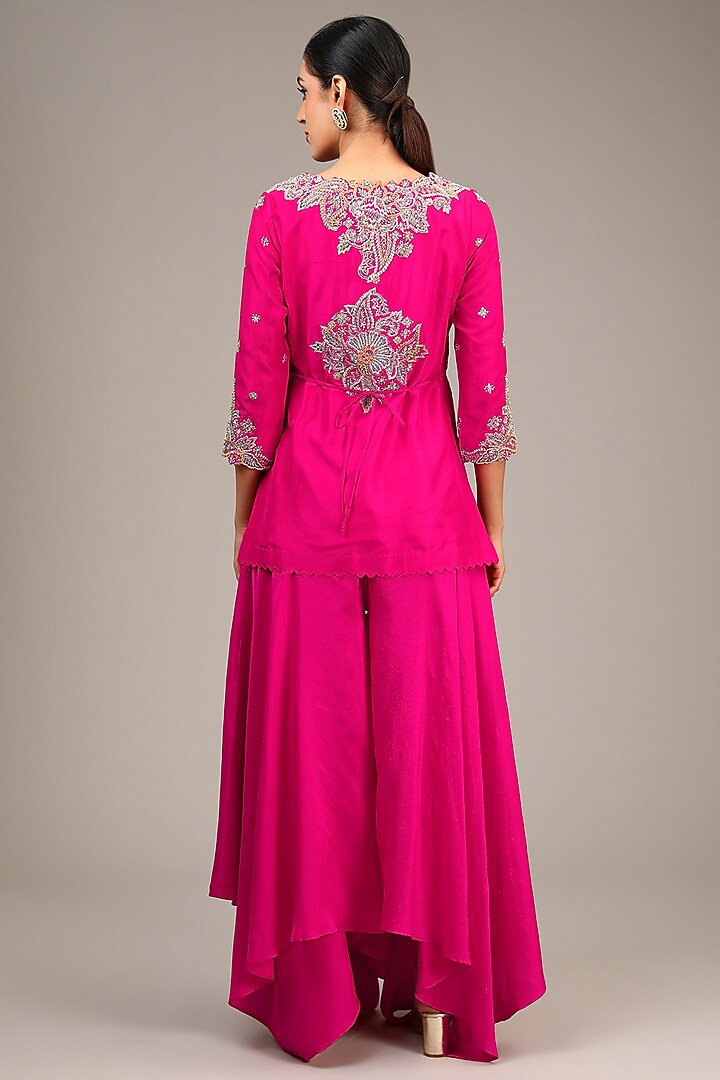 Hot Pink Pure Silk Resham & Pearl Embroidered Kurta Set by Mrunalini Rao at Pernia's Pop Up Shop