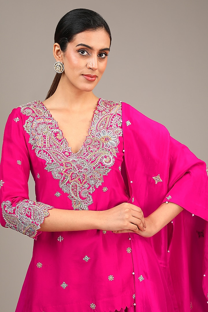 Hot Pink Pure Silk Resham & Pearl Embroidered Kurta Set by Mrunalini Rao at Pernia's Pop Up Shop
