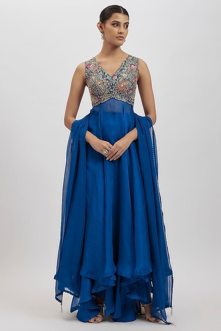 Royal Blue Raw Silk & Organza Anarkali Set by Mrunalini Rao at Pernia's Pop Up Shop