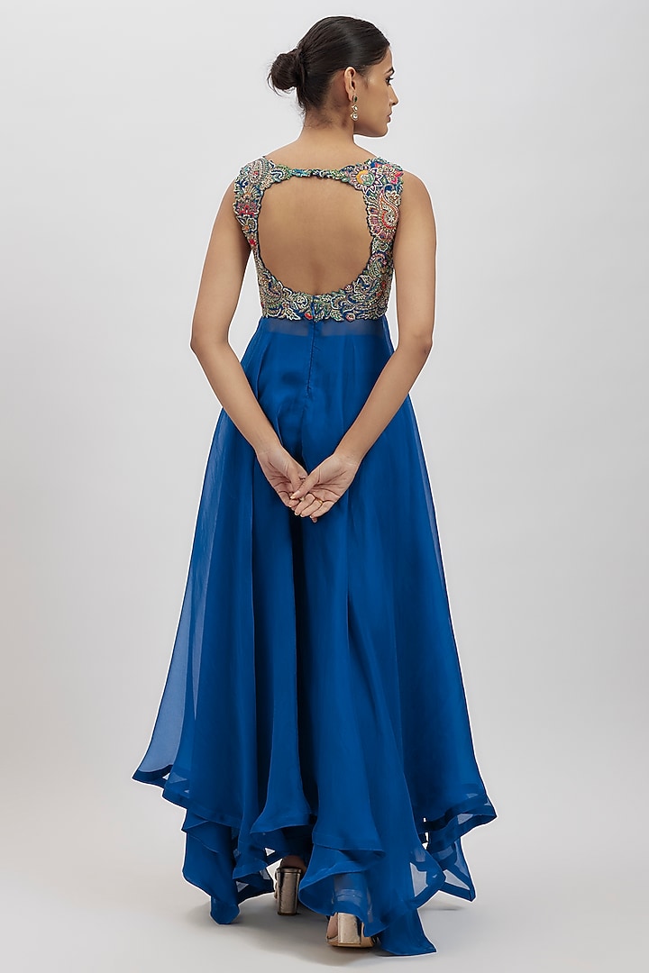 Royal Blue Raw Silk & Organza Bridal Anarkali Set by Mrunalini Rao at Pernia's Pop Up Shop