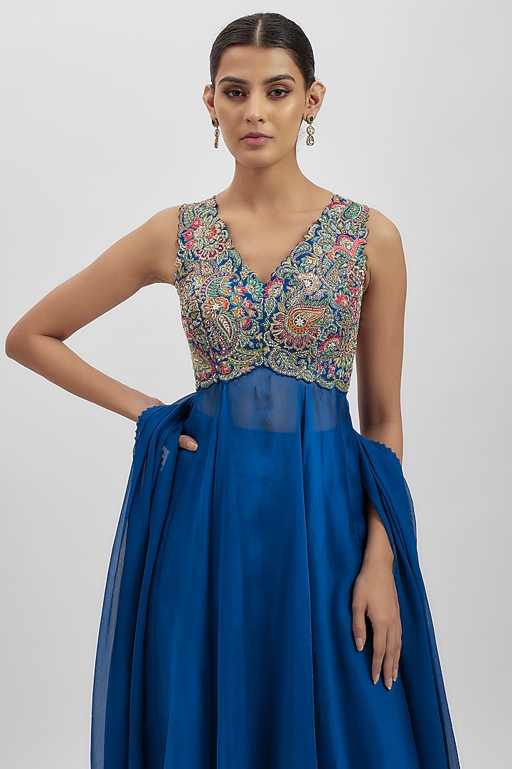 Royal Blue Raw Silk & Organza Bridal Anarkali Set by Mrunalini Rao at Pernia's Pop Up Shop