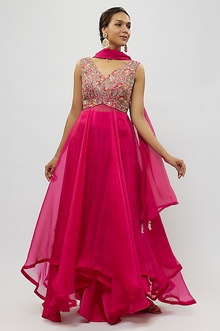 Hot Pink Raw Silk & Organza Hand Embroidered Anarkali Set by Mrunalini Rao