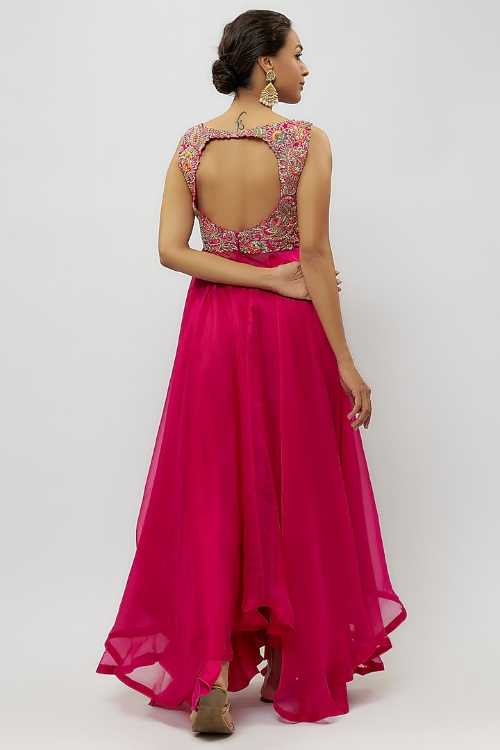 Hot Pink Raw Silk & Organza Hand Embroidered Bridal Anarkali Set by Mrunalini Rao at Pernia's Pop Up Shop