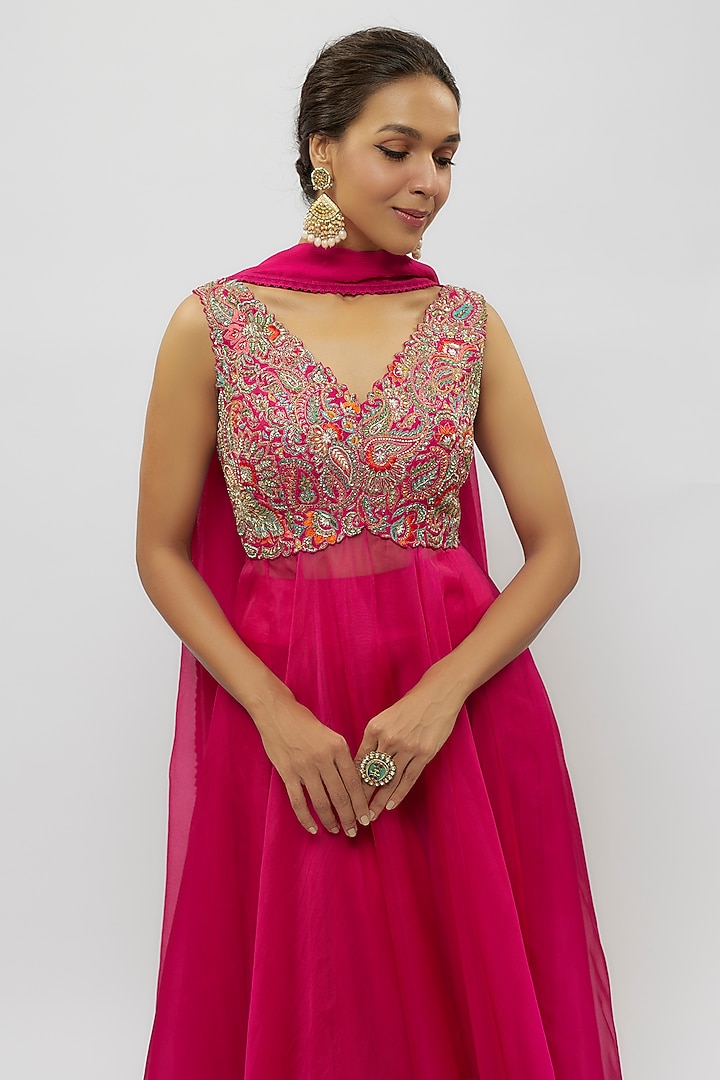 Hot Pink Raw Silk & Organza Hand Embroidered Bridal Anarkali Set by Mrunalini Rao at Pernia's Pop Up Shop