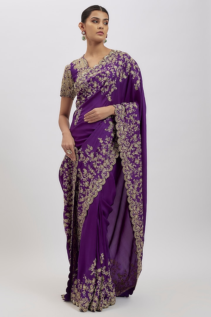 Purple Silk Hand Embroidered Bridal Saree Set by Mrunalini Rao at Pernia's Pop Up Shop