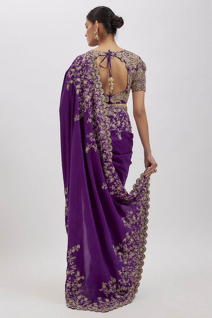 Purple Silk Hand Embroidered Bridal Saree Set by Mrunalini Rao at Pernia's Pop Up Shop
