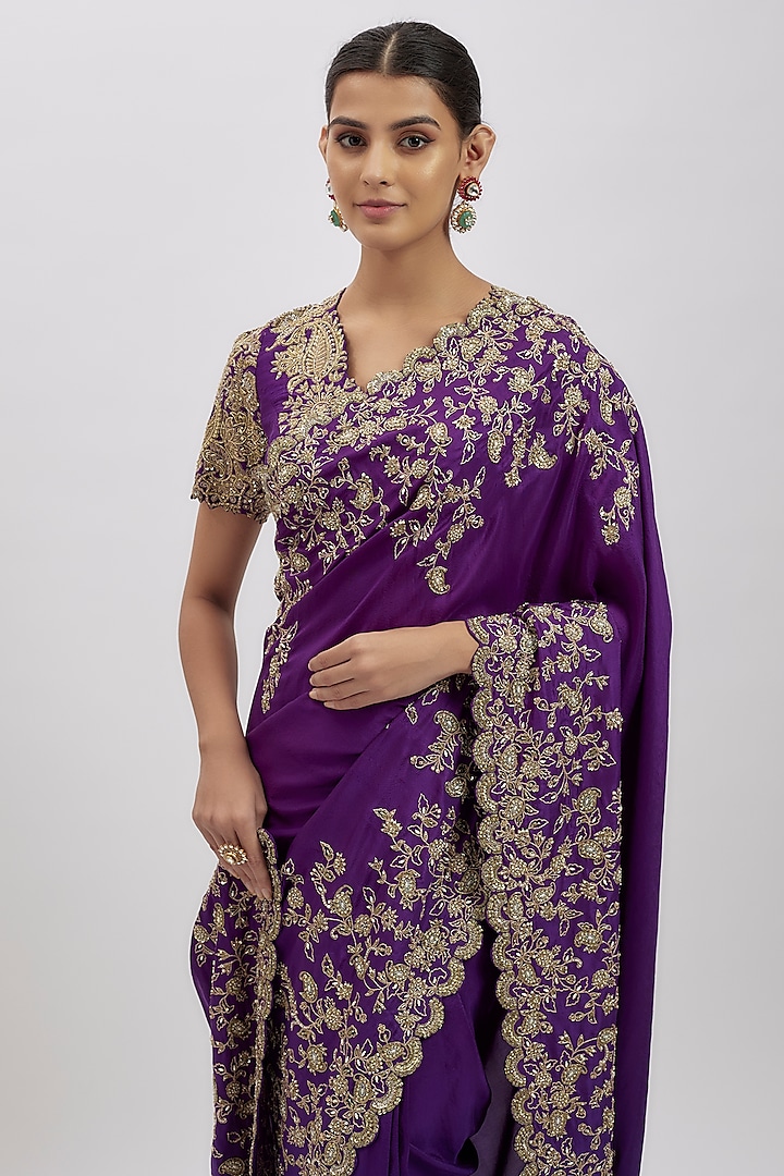 Purple Silk Hand Embroidered Bridal Saree Set by Mrunalini Rao at Pernia's Pop Up Shop