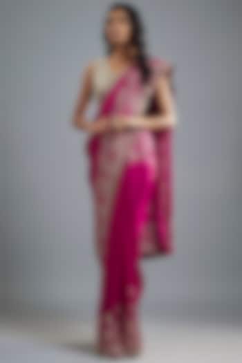 Hot Pink Raw Silk Hand Embroidered Bridal Saree Set by Mrunalini Rao at Pernia's Pop Up Shop