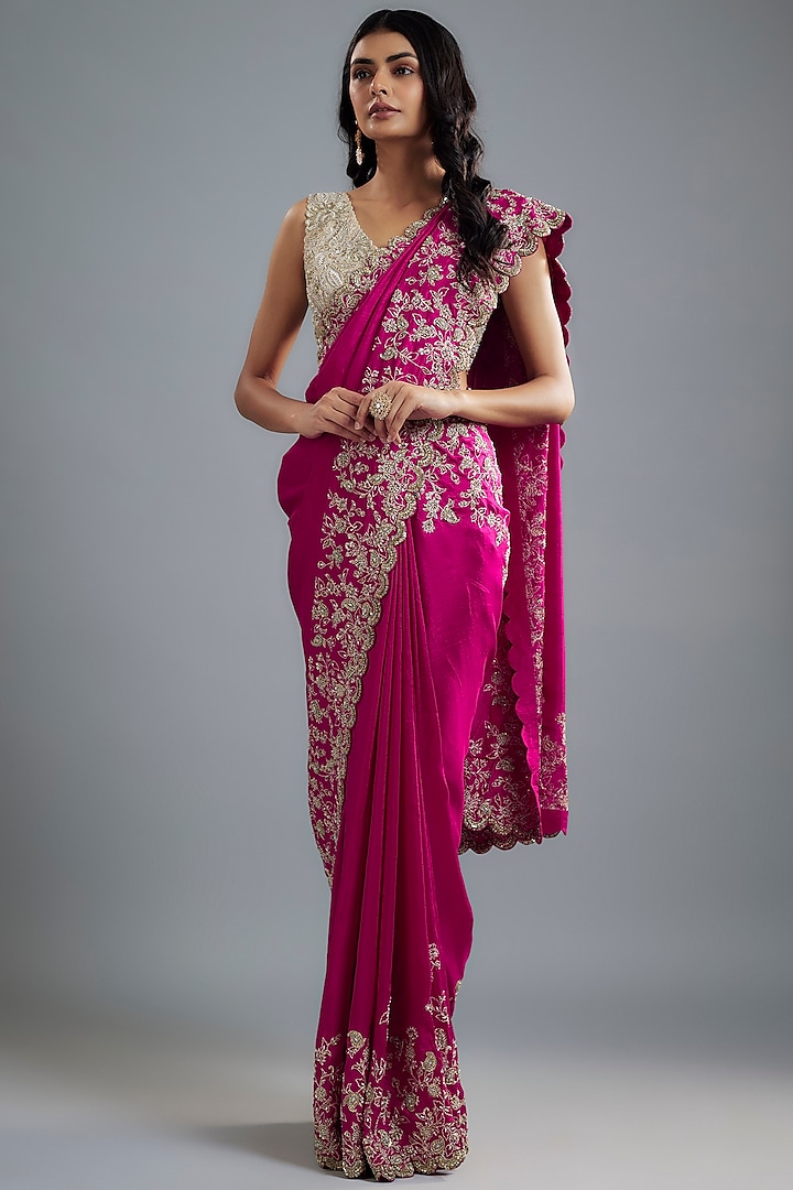 Hot Pink Raw Silk Hand Embroidered Bridal Saree Set by Mrunalini Rao at Pernia's Pop Up Shop