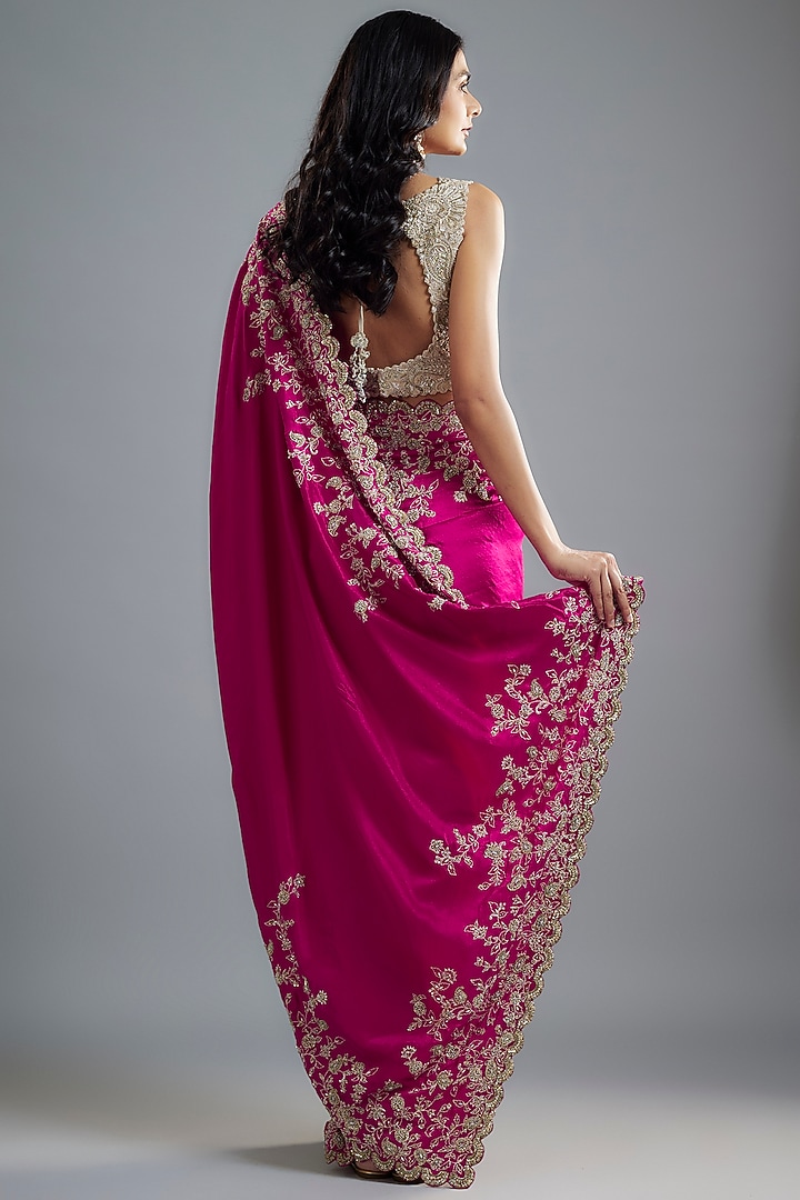 Hot Pink Raw Silk Hand Embroidered Bridal Saree Set by Mrunalini Rao at Pernia's Pop Up Shop