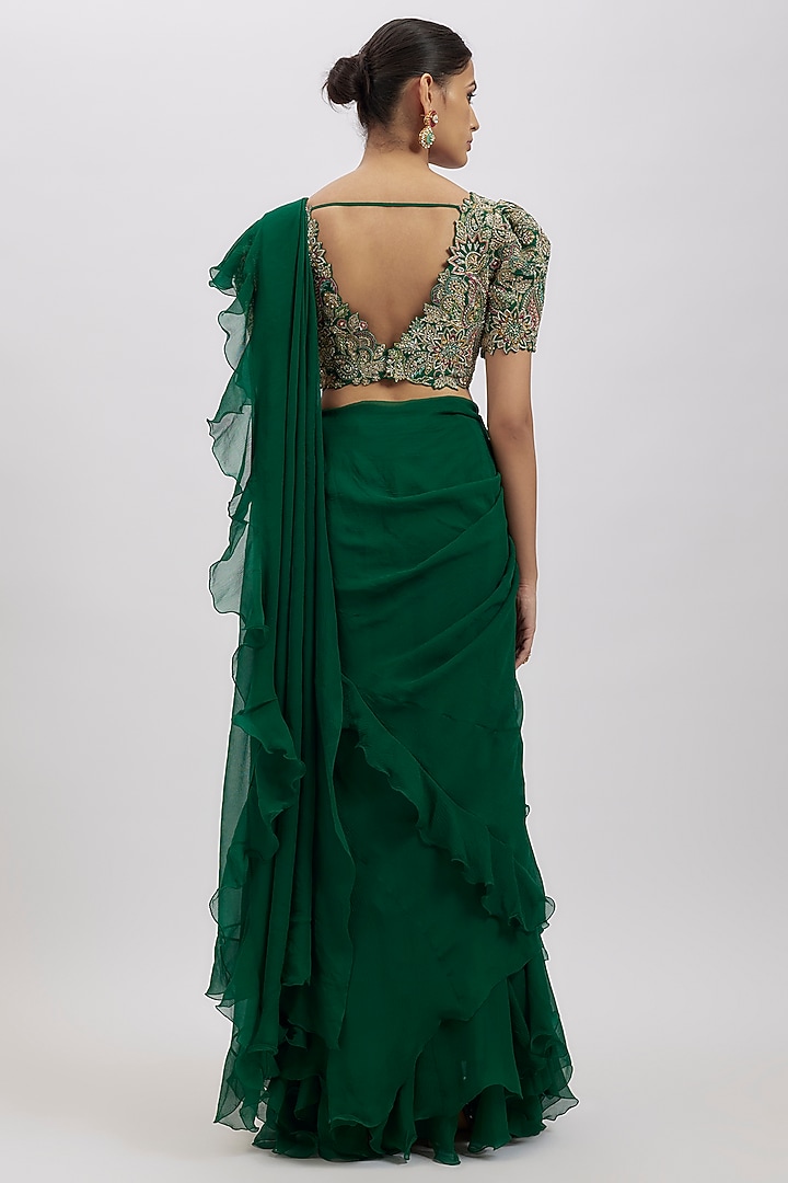 Green Chiffon Reception Lehenga Saree Set by Mrunalini Rao at Pernia's Pop Up Shop