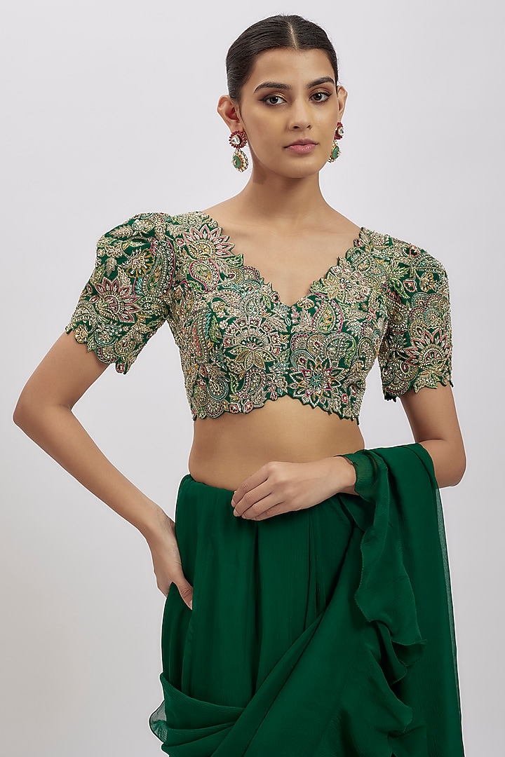 Green Chiffon Reception Lehenga Saree Set by Mrunalini Rao at Pernia's Pop Up Shop
