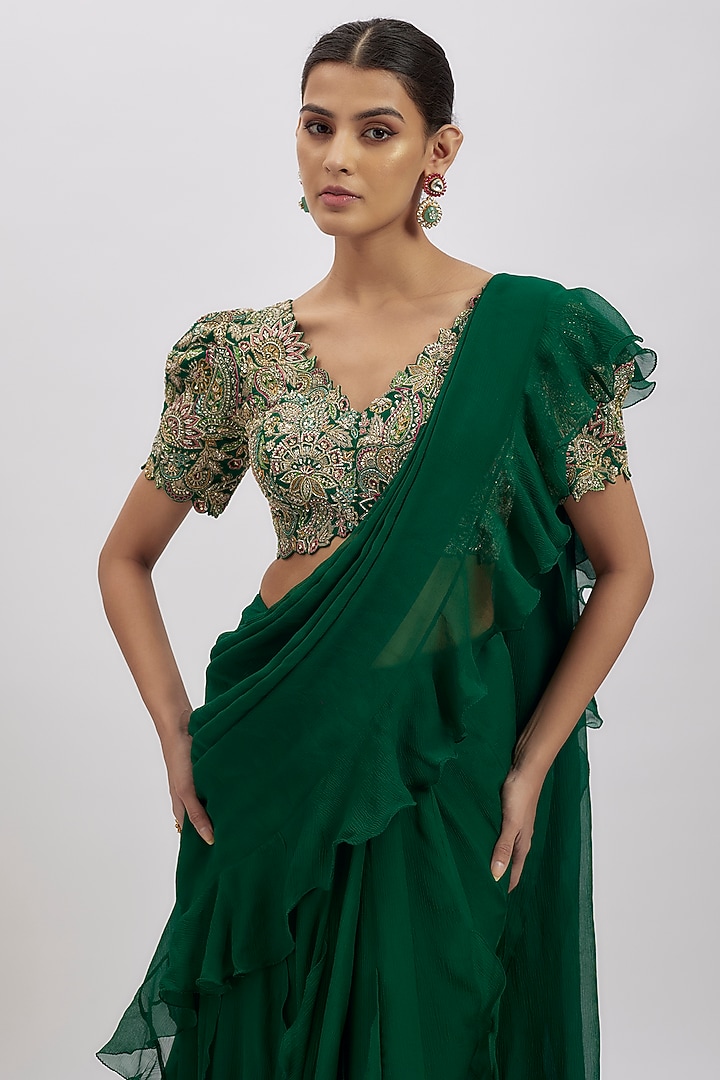 Green Chiffon Reception Lehenga Saree Set by Mrunalini Rao at Pernia's Pop Up Shop