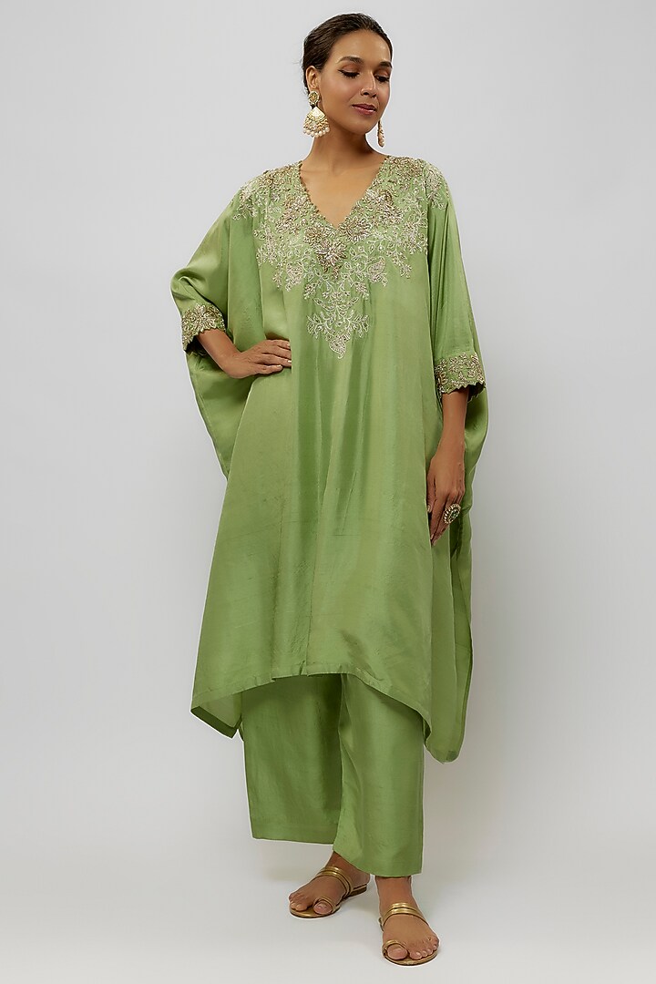 Sage Green Pure Silk Hand Embroidered Kurta Set by Mrunalini Rao at Pernia's Pop Up Shop