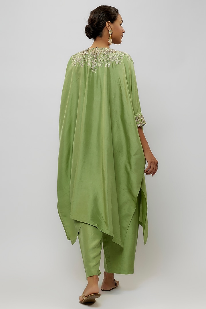Sage Green Pure Silk Hand Embroidered Kurta Set by Mrunalini Rao at Pernia's Pop Up Shop