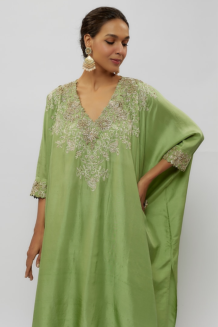 Sage Green Pure Silk Hand Embroidered Kurta Set by Mrunalini Rao at Pernia's Pop Up Shop