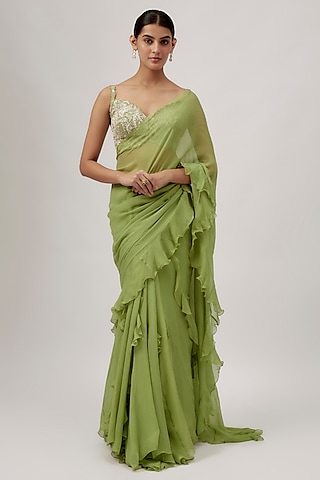 Sage Green Chiffon Ruffled Saree Set by Mrunalini Rao
