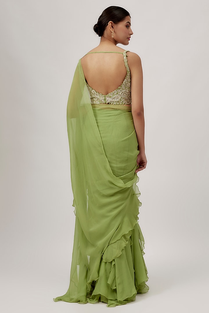 Sage Green Chiffon Ruffled Reception Saree Set by Mrunalini Rao at Pernia's Pop Up Shop