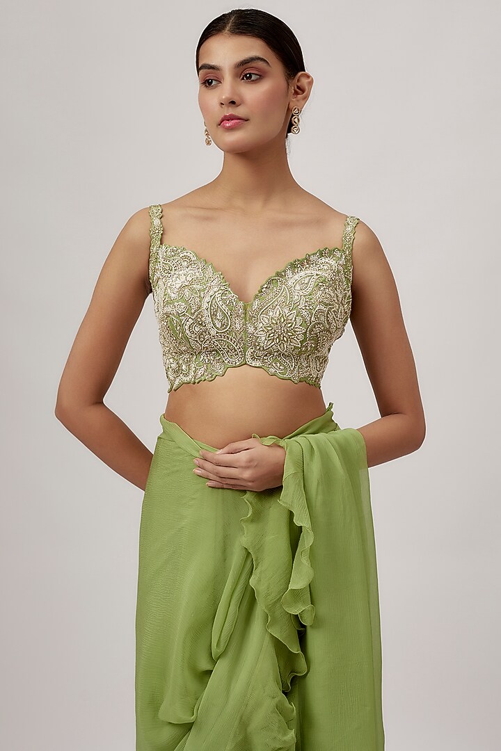Sage Green Chiffon Ruffled Reception Saree Set by Mrunalini Rao at Pernia's Pop Up Shop
