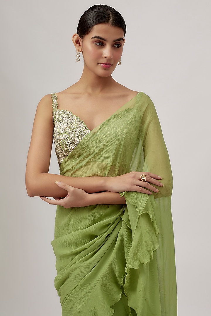Sage Green Chiffon Ruffled Reception Saree Set by Mrunalini Rao at Pernia's Pop Up Shop