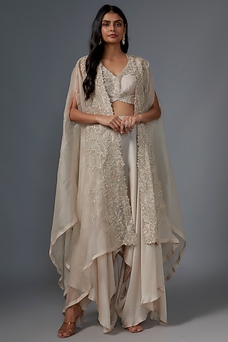 Ivory Organza Pearl Embroidered Sheer Cape Set by Mrunalini Rao