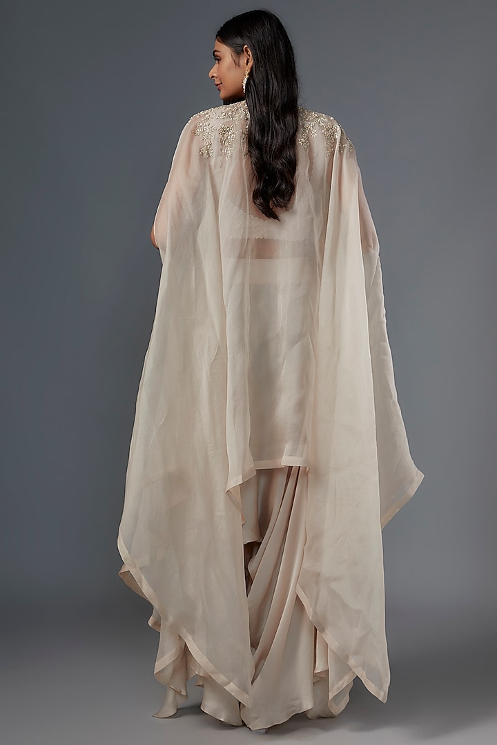 Ivory Organza Pearl Embroidered Sheer Cape Set by Mrunalini Rao at Pernia's Pop Up Shop
