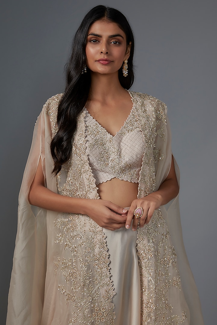 Ivory Organza Pearl Embroidered Sheer Cape Set by Mrunalini Rao at Pernia's Pop Up Shop