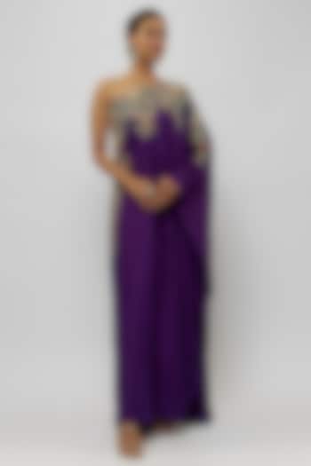 Purple Pure Silk Zardosi Hand Embroidered One-Shoulder Kaftan by Mrunalini Rao at Pernia's Pop Up Shop