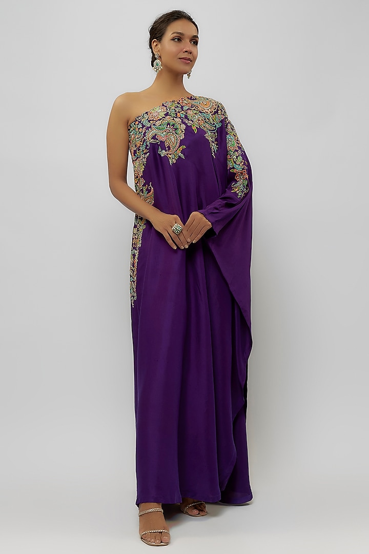Purple Pure Silk Zardosi Hand Embroidered One-Shoulder Kaftan by Mrunalini Rao at Pernia's Pop Up Shop