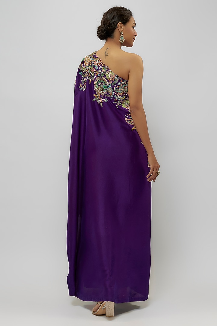 Purple Pure Silk Zardosi Hand Embroidered One-Shoulder Kaftan by Mrunalini Rao at Pernia's Pop Up Shop