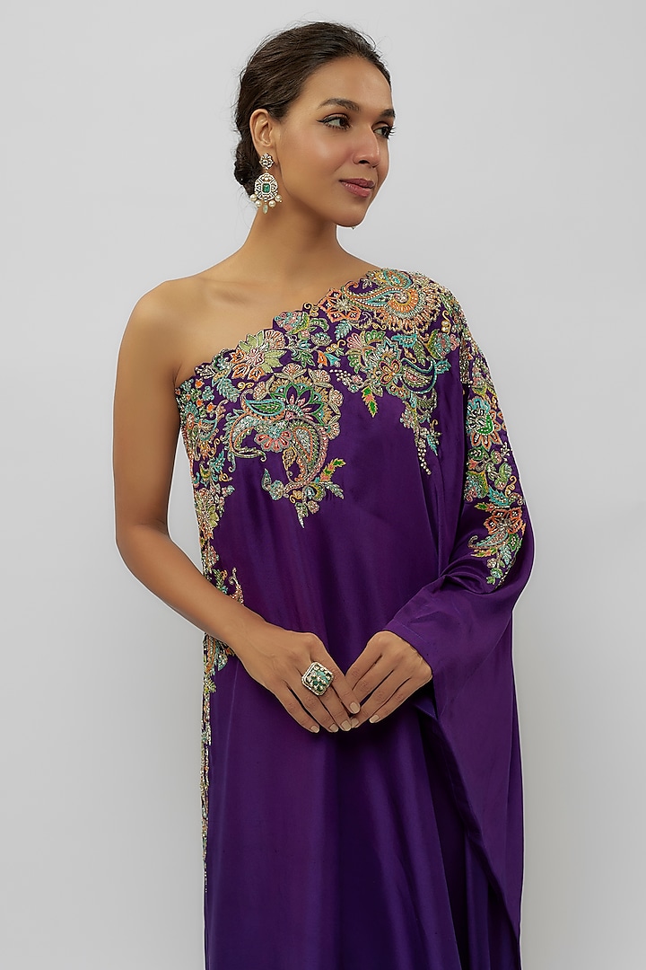 Purple Pure Silk Zardosi Hand Embroidered One-Shoulder Kaftan by Mrunalini Rao at Pernia's Pop Up Shop