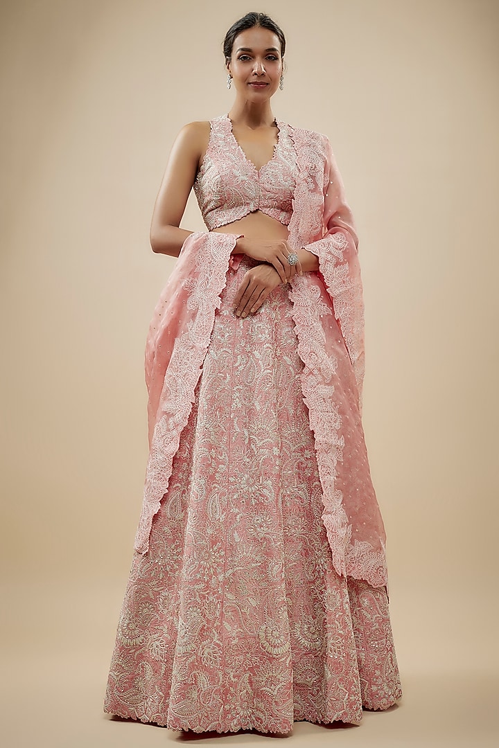 Peach Raw Silk Zardosi & Pearl Embroidered Bridal Lehenga Set by Mrunalini Rao at Pernia's Pop Up Shop