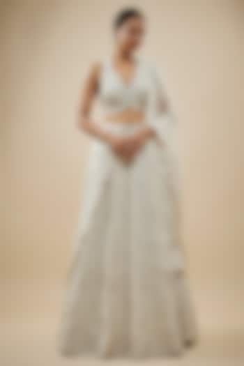 Ivory Raw Silk Zardosi & Pearl Embroidered Bridal Lehenga Set by Mrunalini Rao at Pernia's Pop Up Shop