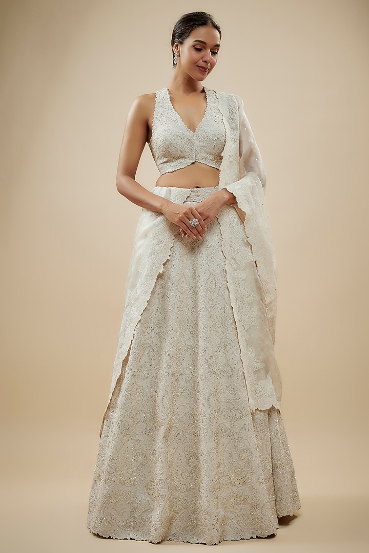Ivory Raw Silk Zardosi & Pearl Embroidered Bridal Lehenga Set by Mrunalini Rao at Pernia's Pop Up Shop