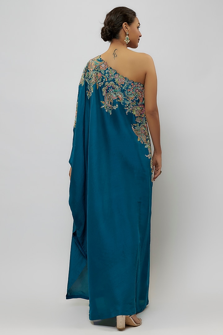 Blue Pure Silk Zardosi Hand Embroidered One-Shoulder Kaftan by Mrunalini Rao at Pernia's Pop Up Shop
