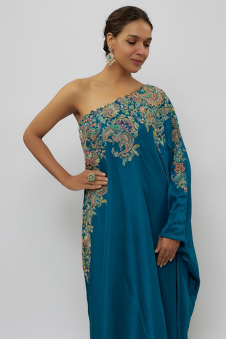 Blue Pure Silk Zardosi Hand Embroidered One-Shoulder Kaftan by Mrunalini Rao at Pernia's Pop Up Shop
