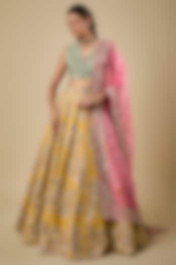 Multi-Colored Raw Silk Zardosi Hand Embroidered Bridal Lehenga Set by Mrunalini Rao at Pernia's Pop Up Shop