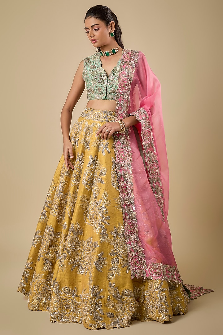 Multi-Colored Raw Silk Zardosi Hand Embroidered Bridal Lehenga Set by Mrunalini Rao at Pernia's Pop Up Shop