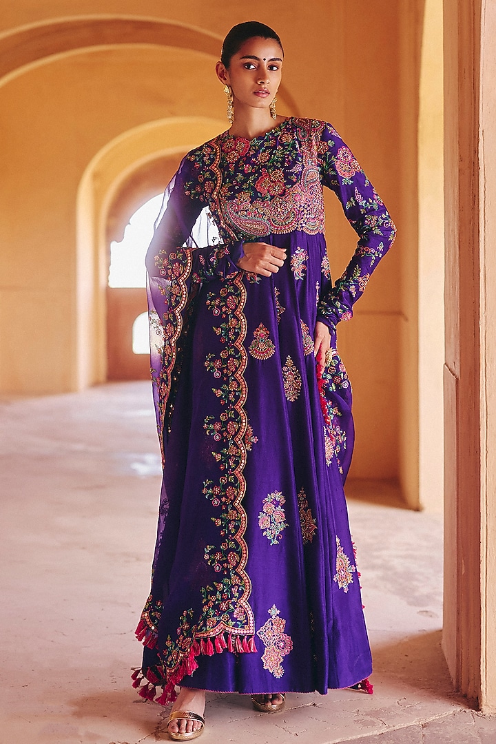 Purple Silk Zardosi Embroidered Anarkali Set by Mrunalini Rao at Pernia's Pop Up Shop